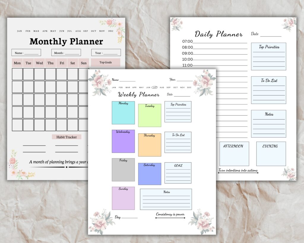 Free Printable Floral Daily Weekly Monthly Planner Bundle PDF
